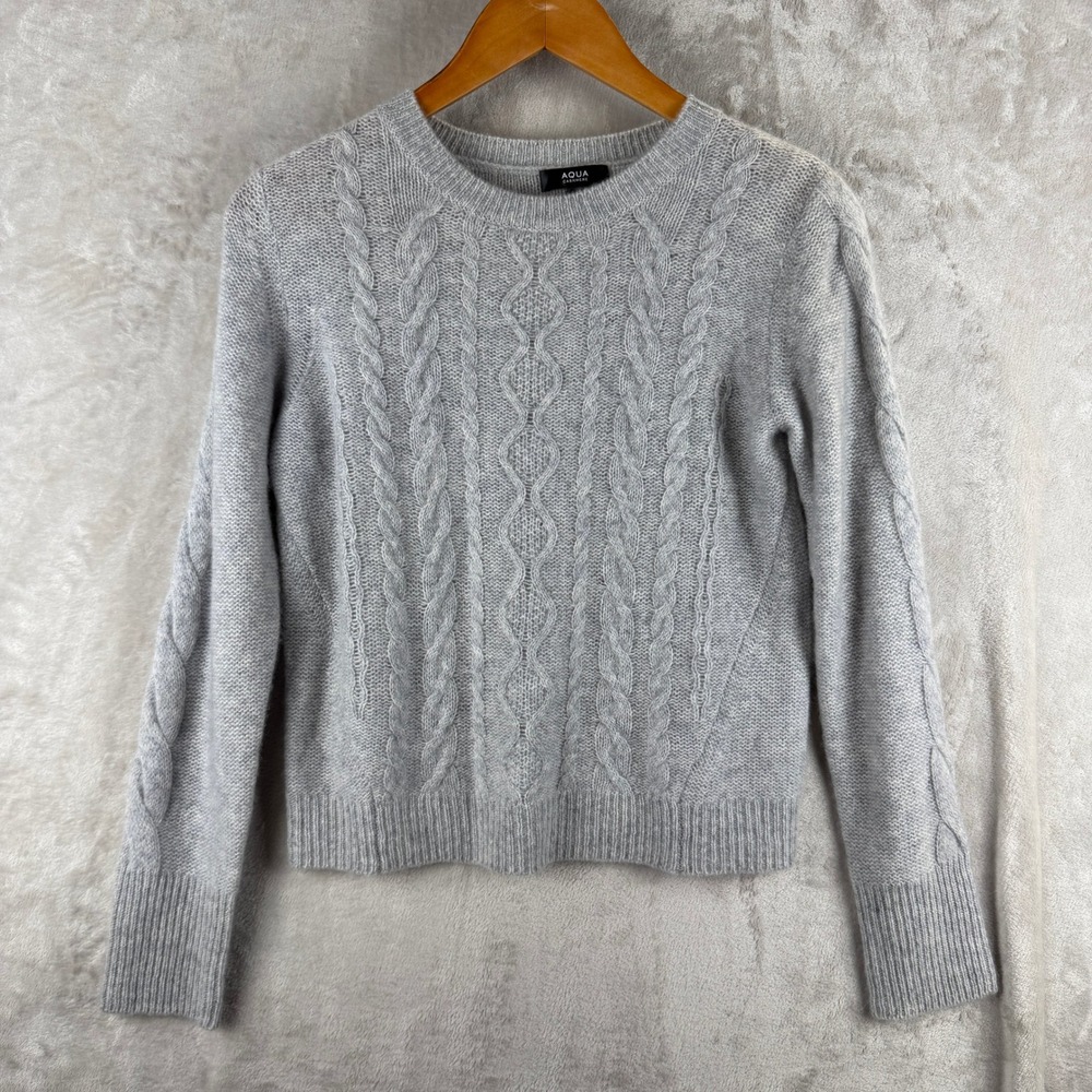 AQUA Cashmere Grey Cable Knit Crew Neck Sweater Womens Medium 100% Cashmere